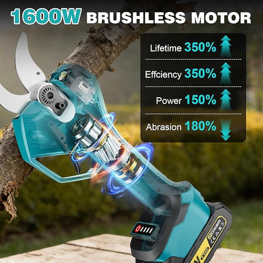 Electric Pruning Shears Cordless - Max 3.2inch Opening Diameter with LED Light & LCD Display, 1600W Brushless Heavy Duty Pruner, 4 Adjustable Size, SK5 Blades, 2 Batteries for Gardening Pruning
