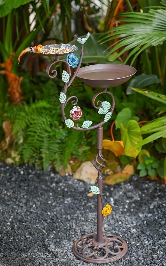 Metal Bird Bath and Feeder for Outdoors, Freestanding 39.4" H 2-in-1 Birdbaths with Cast Iron Pedestal, Retro Vine Shaped Standing Combo for Outside Garden Patio Porch