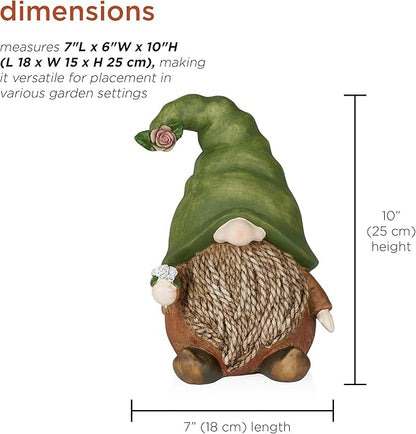 Alpine Corporation 10" Tall Outdoor Green Hat Gnome Statue, Offering Flower Sculpture Gift for Family, Weatherproof Garden Decor