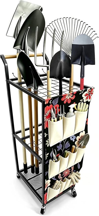 Garden Tool Organizer with Wheels Heavy Duty Yard Tool Organizer Rack with Side Storage Pockets Sturdy Metal Steel Holder with 6 Hooks for Garage, Yard, Patio, Shed