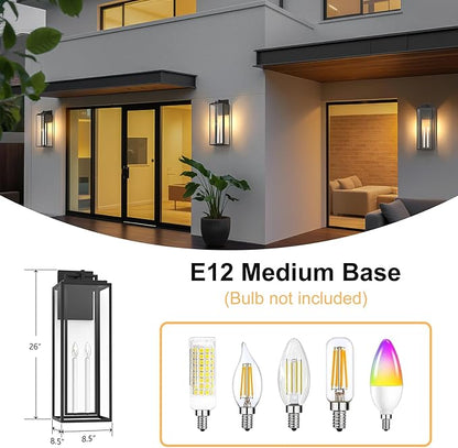 𝟐𝟔𝐈𝐍 Large Outdoor Wall Lights, Modern Exterior Lighting Fixtures with White E12 Base, Wall Mount Lantern Waterproof Outside Sconce for House Porch Patio Yard Front Door