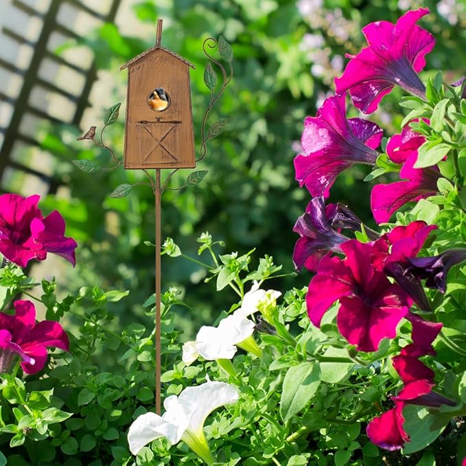 50" Bird Houses for Outside with Pole, Outdoor Metal Birdhouse for Patio, Yard, Garden, Brown