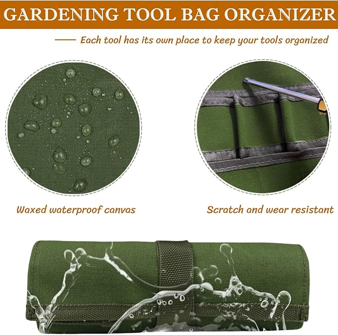 BLIRITEL Garden Roll Up Tool Bag, Canvas Bonsai Tools Roll with 8 Pockets, Multifunctional Tool Bag Organizer for Bonsai Tool Kits Storage, Wrench Roll Tool Pouch (Bag Only, Tools Not Include)