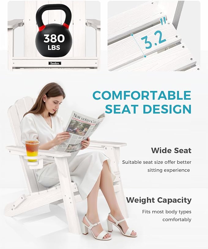 Folding Adirondack Chair,All-Weather HDPE Fire Pit Chair with 2 Cup Holders, Plastic Outdoor Chair for Patio Deck Garden Lawn, White