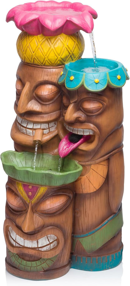 Alpine Corporation - 3-Tiered Colorful Tiki Head Water Fountain, Indoor/Outdoor Tropical Waterfall with LED Lights, for Garden, Patio, Yard, 35" H