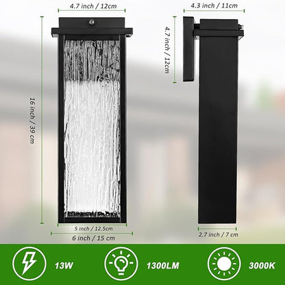 16" Black Dusk to Dawn LED Outdoor Wall Light, Large Exterior Lighting Fixture, Modern Outside Wall Mounted Porch Sconce, Waterproof Patio Lantern Lamp with Sensor, 1 Pack