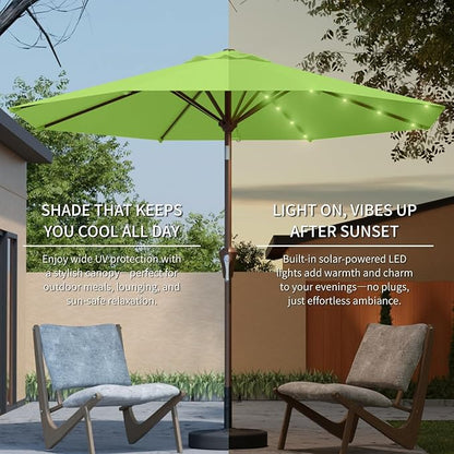 10FT Solar Umbrella 32 LED Lighted Patio Umbrella Table Market Umbrella w/Tilt and Crank, UV-Resistant Outdoor Umbrella for Pool, Garden, Deck, Apple Green
