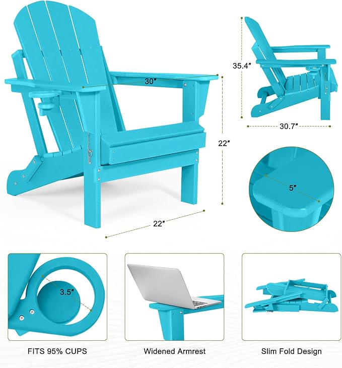 Folding Adirondack Chairs - Plastic Adirondack Chairs with Cup Holder, Weather Resistant for Outdoor, Patio, Lawn, Garden, Backyard Deck, Fire Pit - Turquoise