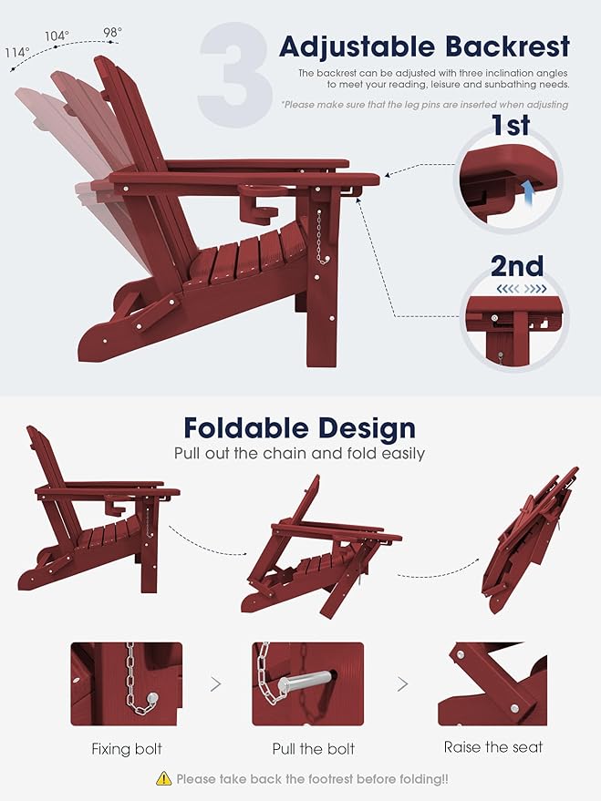 KINGYES Folding Adjustable Adirondack Chair with Ottoman & 2 Cup Holders, HDEP Multifunctional Adirondack Chair with Footrest, Red