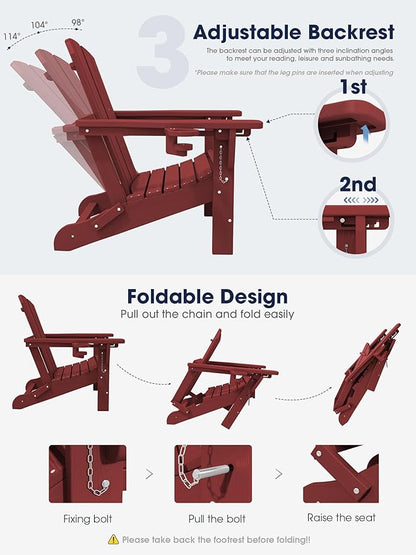 KINGYES Folding Adjustable Adirondack Chair with Ottoman & 2 Cup Holders, HDEP Multifunctional Adirondack Chair with Footrest, Red