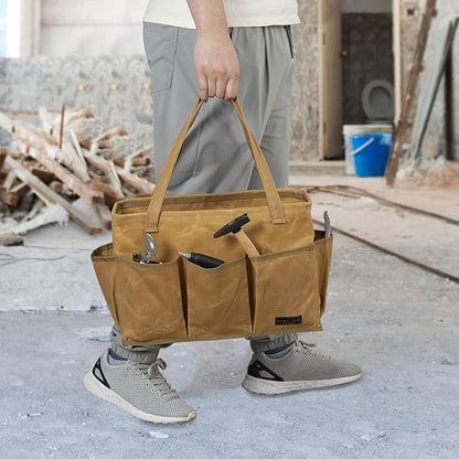 Denifiter Heavy-Duty 16-oz Waxed Canvas Tool Bag with Metal Frame - Collapsible Organizer Tote Bag(Khaki | 15.5"x7.5"x10.5")