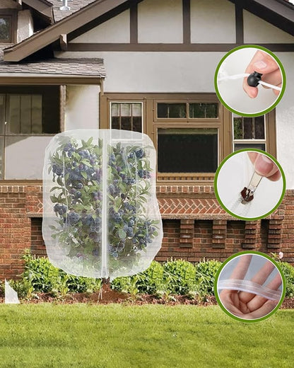 4 Pack Fruit Tree Netting with Zipper & Drawstring, 2.6 x 3.2 Ft Reusable Blueberry Bush Netting Cover, Durable Bird Netting for Vegetables, Trees, Bushes in Garden