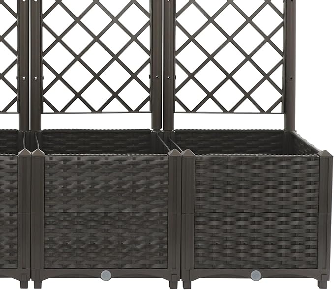 4 PCS Raised Garden Bed with Trellis, Plastic Planter Box for Climbing Plants, Outdoor Vertical Garden with Privacy Screen for Patio, Balcony, Backyard, Dark Brown