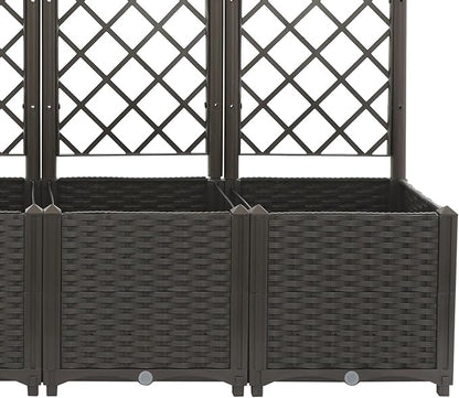 4 PCS Raised Garden Bed with Trellis, Plastic Planter Box for Climbing Plants, Outdoor Vertical Garden with Privacy Screen for Patio, Balcony, Backyard, Dark Brown