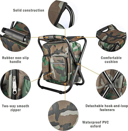 Kikerike Folding Stool Backpack Insulated Cooler Bag, Collapsible Camping Hunting Fishing Multifunction Chair with Front Pocket and Bottle Pocket for Outdoor Events, Hiking, Travel, Beach