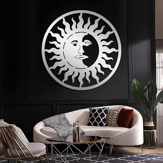 Sun and Moon Wall Decor, Metal Sun and Moon Wall Art, Boho Wall Art, Large Modern Wall Sculpture, Celestial Wall Hanging, Home Decor, Indoor Outdoor Wall Decor (Black, 28"x28"|70x70cm)