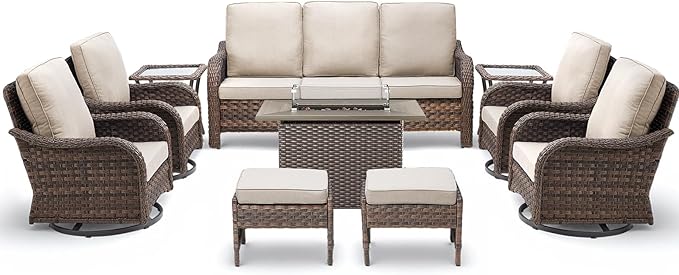 10 Pieces Patio Furniture Set with 42.5" Fire Pit Table-All Weather Wicker Outdoor Furniture with High Back Swivel Patio Chairs Set of 2 Outdoor Couch for Deck Balcony Backyard Brown/Beige