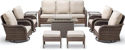 10 Pieces Patio Furniture Set with 42.5" Fire Pit Table-All Weather Wicker Outdoor Furniture with High Back Swivel Patio Chairs Set of 2 Outdoor Couch for Deck Balcony Backyard Brown/Beige