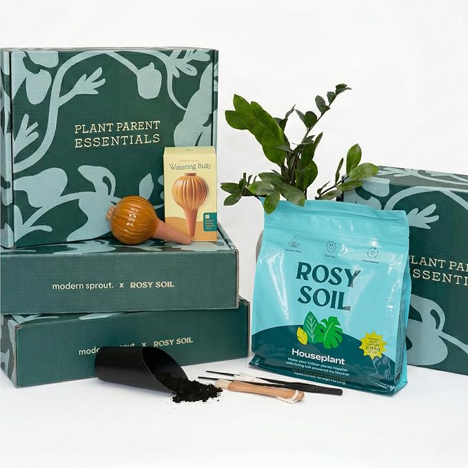 Rosy Soil Plant Parent Essentials Gift Box - Indoor Plant Kit & Gardening Tool Kit | Peat-Free Houseplant Soil, Terracotta Watering Bulb, Soil Scoop, Plant Brush - Gift for Plant Lovers