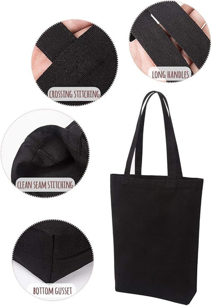 Lily queen Natural Canvas Tote Bags DIY Reusable Shopping Grocery Bag (Black - 12 Pack)