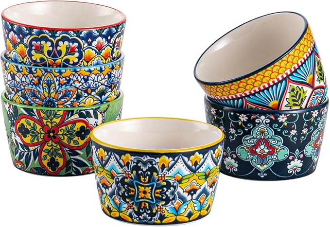 4 oz Ceramic Ramekins Set of 6, Dessert Cups & Dipping Bowls | Colorful Bohemian Pattern, Oven Safe, Ideal for Crème Brûlée, Dips, Sauces & Individual Desserts