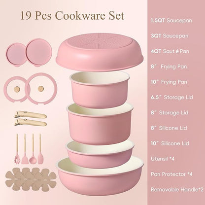 CAROTE 19pcs Pots and Pans Set Non Stick, Cookware Set Detachable Handle | Induction Compatible, Dishwasher & Oven Safe, Space Saving, Camping Cooking Set, Kitchen Set, Pink