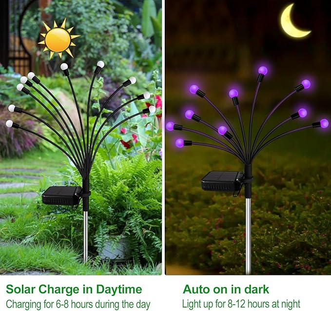 Solar Garden Lights Outdoor, 2 Pack 16 LED Solar Purple Firefly Lights Waterproof, Starburst Wind Swaying Light for Outside Yard Patio Planter Flower Bed Walkway Halloween Christmas Decoration