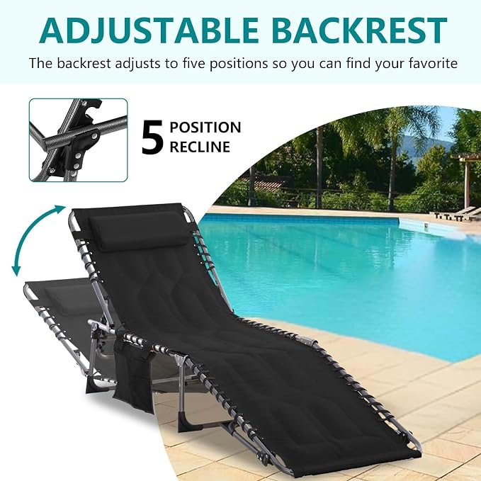 Portable Foldable Sun Tanning Chair, Heavy Duty Adjustable Folding Laying Out Chairs for Tanning, Beach Lounge Chairs for Adults for Outdoor Sunbathing Patio Pool Lawn Camping Deck (Black)