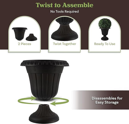 Outdoor Planter 2-Pack - 16x18-Inch Urn Planters - Plastic Plant Pots for Indoor, Outdoor, or Front Porch Decor - Flower Pots by Pure Garden (Black)