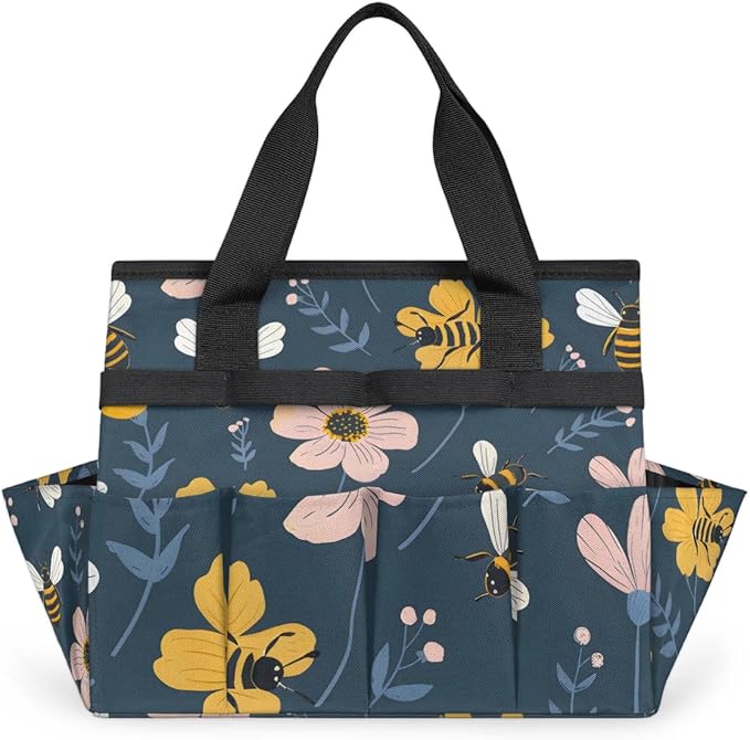 Garden Tote Bag with Pockets Bee Flower Gardening Bags for Tools Organizer Heavy Duty Storage Bag with Handle for Lawn Yard Casual