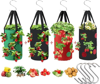 4 Pcs Hanging Strawberry Planter Bags 3 Gallon Upside Down Strawberry Planter and 4 Hooks, Sturdy Hanging Handle Thickened Breathable Felt Cloth for Herb Tomato Hot Peppers Vegetables (4Pcs 3Gal)