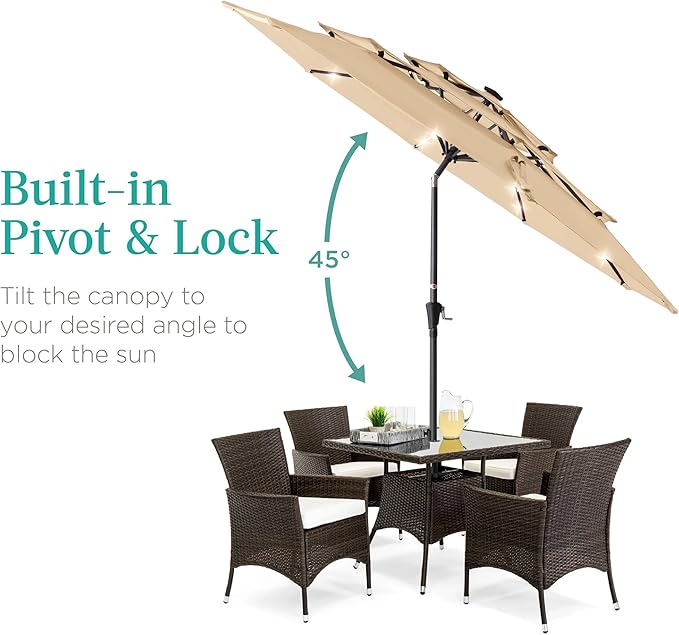 Best Choice Products 10ft 3-Tier Solar Patio Umbrella, Outdoor Market Sun Shade for Backyard, Deck, Poolside w/ 24 LED Lights, Tilt Adjustment, Easy Crank, 8 Ribs - Sand