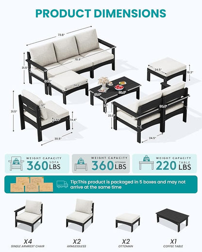 SERWALL 9 Pieces Patio Furniture Set, HDPE Outdoor Sectional Sofas, Outdoor Couch Set with Cushions and Coffee Table, Extra-Large Modular Conversation Set for Garden, Black Frame with Khaki Cushion