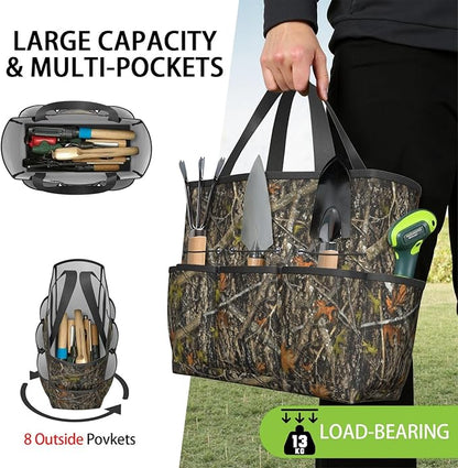 Green Camo Garden Tool Bag - Waterproof Garden Tote with 8 Pockets, Large Storage Home Organizer Gardening Tool Oxford Bag for Garden Tools Kits Holder, Ideal Outdoor Gardening Gift for Women & Men