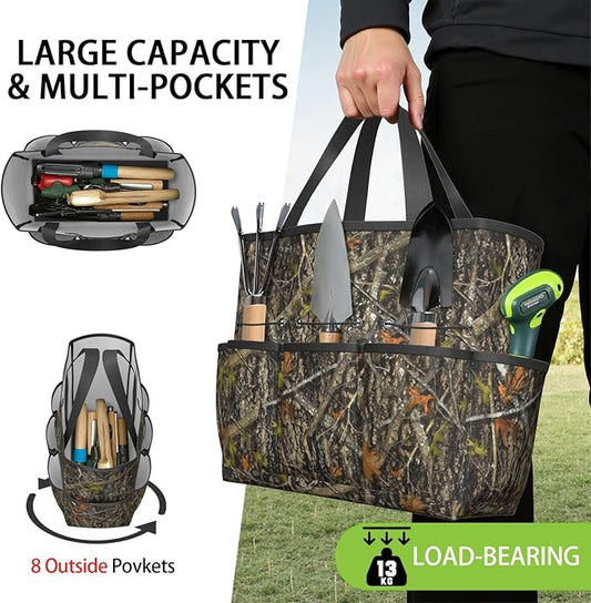 Green Camo Garden Tool Bag - Waterproof Garden Tote with 8 Pockets, Large Storage Home Organizer Gardening Tool Oxford Bag for Garden Tools Kits Holder, Ideal Outdoor Gardening Gift for Women & Men