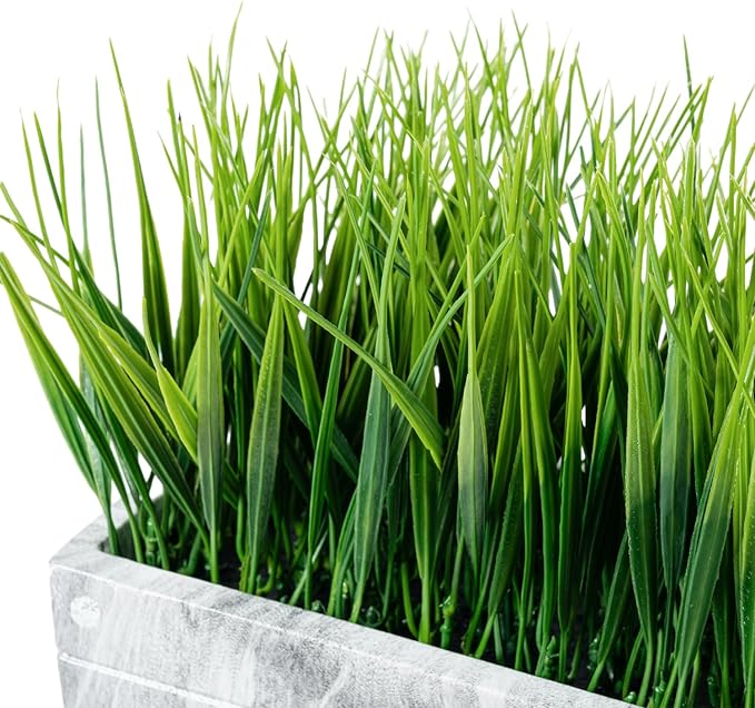 MyGift 14 Inch Artificial Green Grass Plant in Gray Marble Pattern Resin Ribbed Rectangle Planter, Faux Greenery Rectangular Cement Pot Centerpiece Home Décor