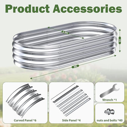 Galvanized Raised Garden Bed Outdoor, 5x2.5x1ft Metal Heavy Duty Planter Boxes for Gardening, Easy Assemble Small Oval Plant Container Kit for Vegetables, Flowers, Fruits, Silver, 1 Pack