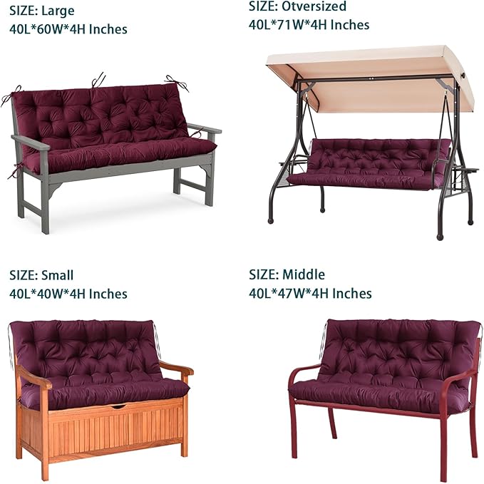 Swing Replacement Seat Cushions, 2-3 Seater Bench Cushions for Outdoor Furnitur with Backrest, Garden Recliner Seat Cushions Waterproof Sofa Pads (Wine Red, 47x40in)