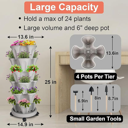 GameXcel Vertical Planter 6 Tier Stackable Planters Garden Planters Strawberry Herb Flower and Vegetable Planter Indoor Outdoor Gardening Pots with Removable Wheels and Tools