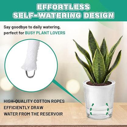 6 Pack Self Watering Pots for Indoor Plants Plastic Vertical Ribbed Semi Transparent Planters, Dual Layer Reservoir for Indoor Succulents Herbs Pothos(Clear, White,4 x 4.3 Inch)