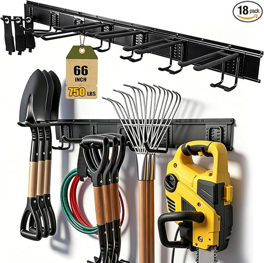18Pack Garage Tool Organizer Wall Mount, 66'' Garage Wall Tool Organizer with 14 Adjustable Hooks, 750lbs Heavy Duty Garage Accessories for Men, Tool Hangers for Garage Wall Garden Yard Tool Shed