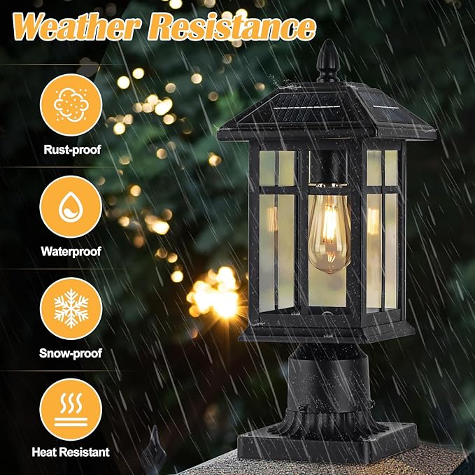Solar Post Lights 2 Packs, Waterproof Post Lantern with Pier Mount Base, Aluminum Post Lamp Warm White Bulb Included for Yard Garden Pillar Pole Pathway