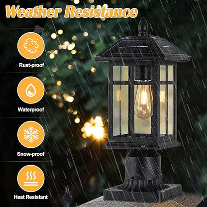 Solar Post Lights 2 Packs, Waterproof Post Lantern with Pier Mount Base, Aluminum Post Lamp Warm White Bulb Included for Yard Garden Pillar Pole Pathway
