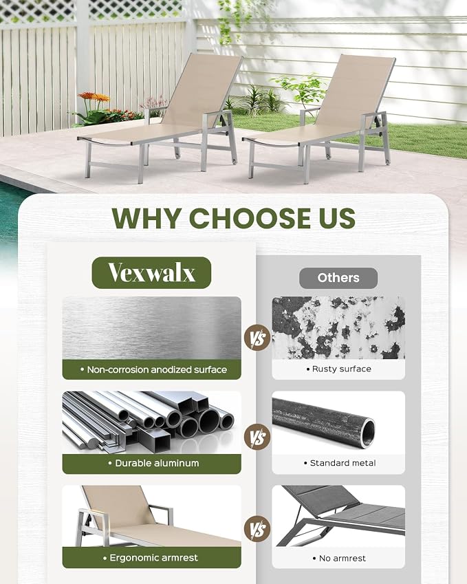 Vexwalx Patio Chaise Lounge Chair Outdoor with Wheels&Armrests, Aluminum Pool Lounge Chairs 5-Position Adjustable Recliner, Outdoor Beach Lounge Chairs for Poolside, Patio, Deck, Yard, Khaki