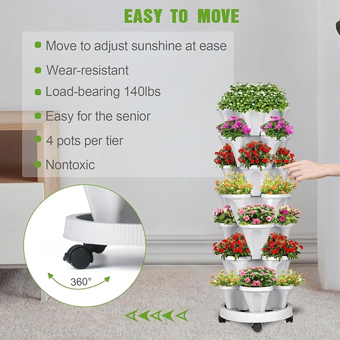 Vertical Strawberry Planter 7 Tier Stackable Tower Herb Planters-Stacking Garden Outdoor Grey Planter Pot with Tools Mover for Succulents, Vegetables and Flowers