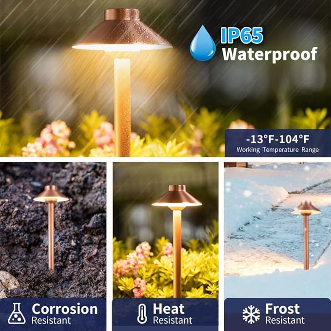 Gardenreet Brass Low Voltage Copper Garden Lights, Outdoor Pathway Light, 12V LED AC/DC Bronze Hat Top Path Lamp for Sideway House Walkway with 3W 270LM 5000K G4 Bulb 8 Pack