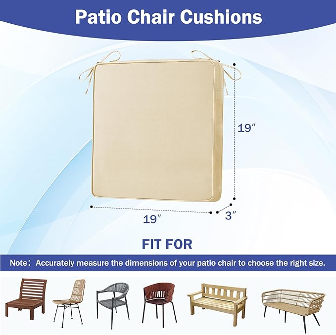 IASEAHK Patio Chair Cushions, 19" x 19" x 3" Outdoor Chair Cushions Set of 4, Waterproof Outdoor Cushions for Patio Furniture, Outdoors Seat Cushions Set of 4 with Handle and Ties, Light Khaki