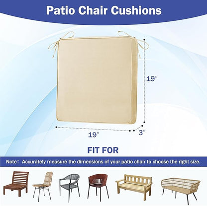 IASEAHK Patio Chair Cushions, 19" x 19" x 3" Outdoor Chair Cushions Set of 4, Waterproof Outdoor Cushions for Patio Furniture, Outdoors Seat Cushions Set of 4 with Handle and Ties, Light Khaki