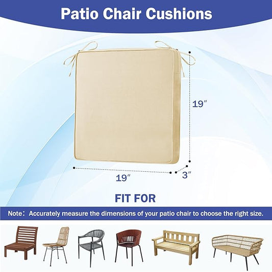 IASEAHK Patio Chair Cushions, 19" x 19" x 3" Outdoor Chair Cushions Set of 4, Waterproof Outdoor Cushions for Patio Furniture, Outdoors Seat Cushions Set of 4 with Handle and Ties, Light Khaki