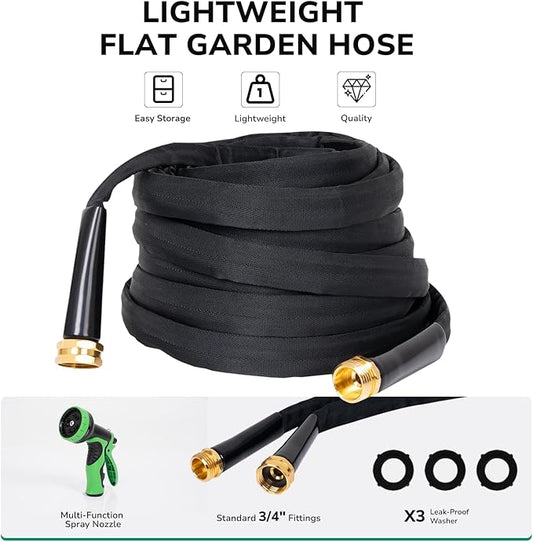 Lightweight Flat Garden Hose 50 FT, 3/4" GHT Flexible Water Hose with Spray Nozzle, Durable 800D Fabric, Kink Free Design, Portable Garden Hose for Lawn, Yard, Car Wash
